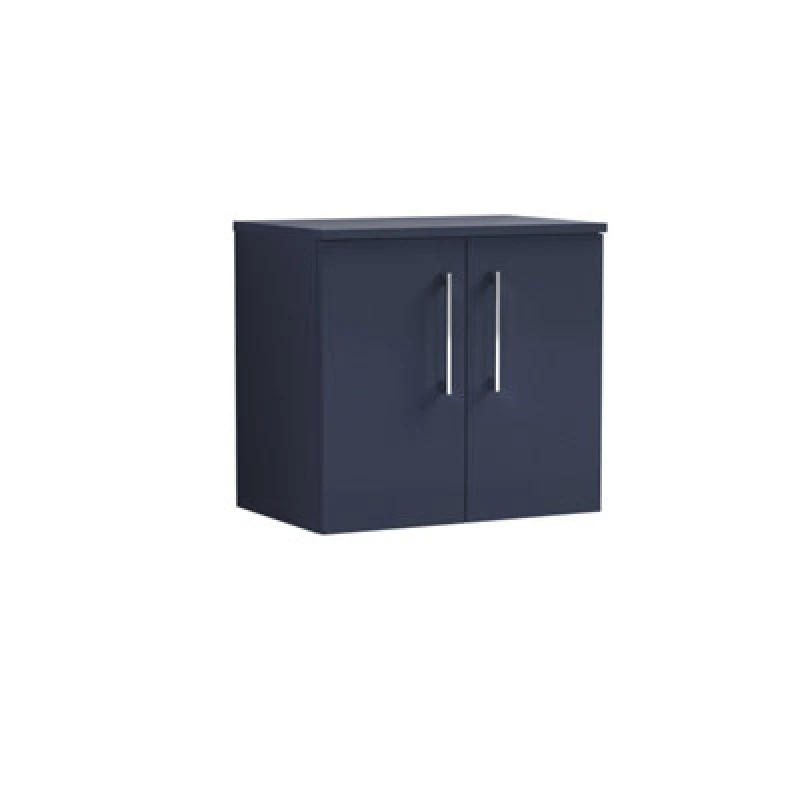 Image of Nuie Arno Wall Hung 2-Door Vanity Unit & Black Worktop, Stylish Counter Top Vanity Unit In Midnight Blue, 600mm