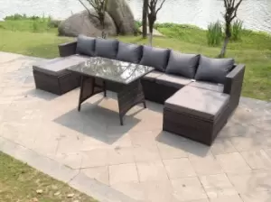 Image of Fimous 6 Seater Outdoor Dark Grey Rattan Lounge Complete Sofa Set with Dining Table and 2 Big Footstools