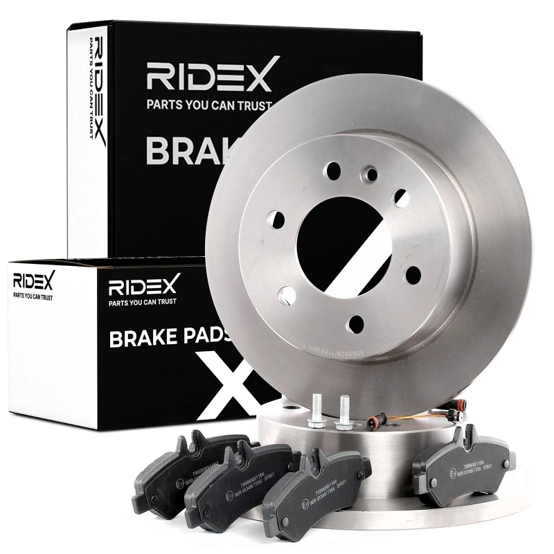 Image of RIDEX 3405B0310 Brake disc and pads set Rear Axle, Brake Disc Type: solid, incl. wear warning contact Brake Set,disc brakes (3405)