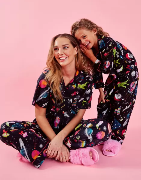 Image of Accessorize Christmas Space Print Pyjama Set Black, Size: L