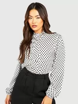 Image of Boohoo Polka Dot Volume Sleeve Blouse - Ivory, Cream, Size 8, Women
