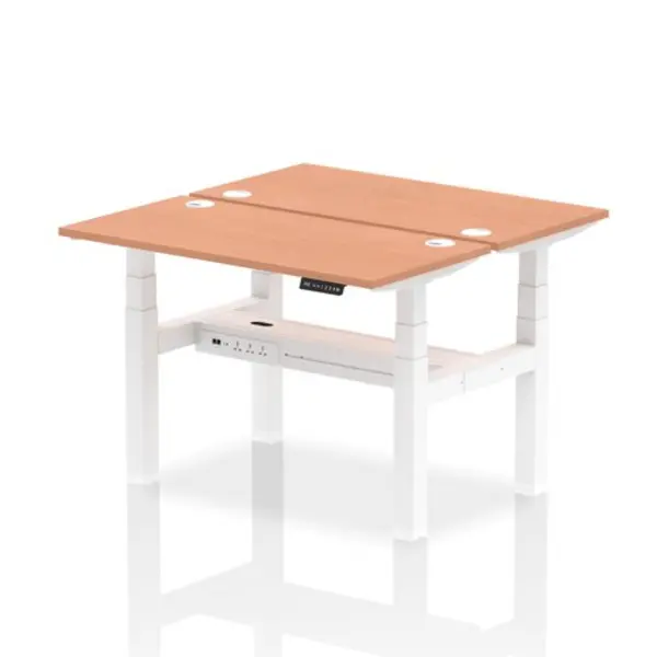 Image of Air Air Back-to-Back 1200 x 600mm Height Adjustable 2 Person Bench Desk Beech Top with Cable Ports White Frame HASCP2P12600BCHW