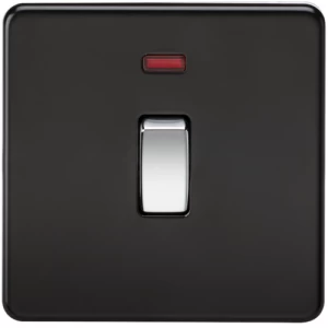 Image of KnightsBridge 20A 1G DP 230V Screwless Matt Black Electric Wall Plate Switch with Neon