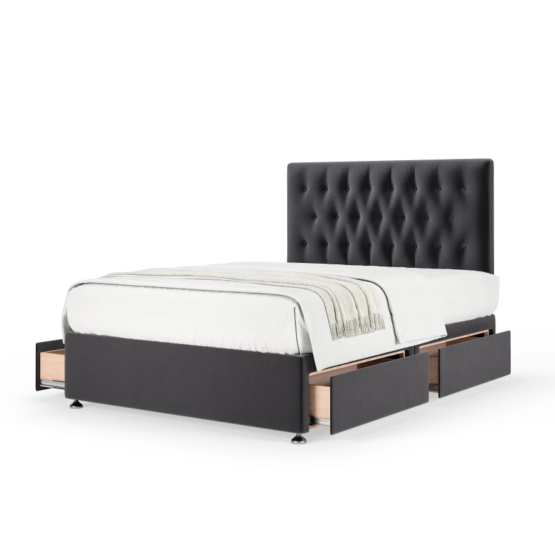 Image of Bedmaster Bedmaster Plush Velvet 4 Drawer Divan Base And Button Headboard in Grey Size: Double Grey Double Unisex 7867870923579