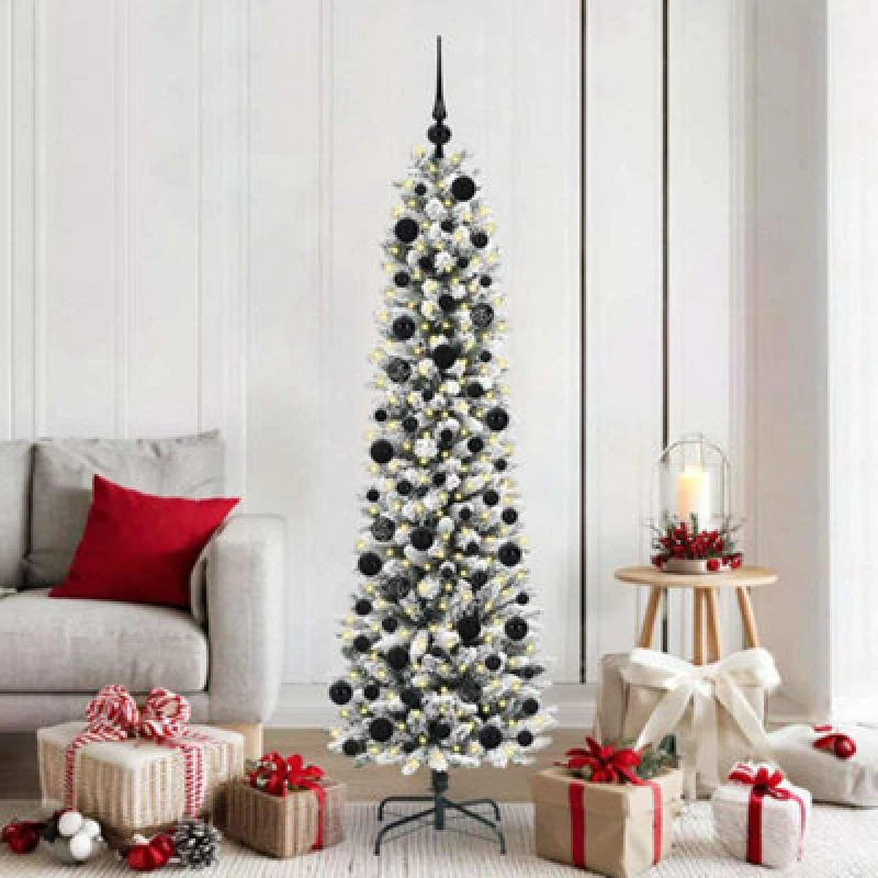 Image of vidaXL Artificial Christmas Tree with 300 LEDs, Black Balls Green and white 180 cm, Green 3396106