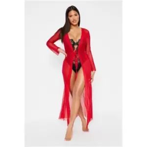 Image of I Saw It First Red Mesh Flare Sleeve Maxi Gown - Red