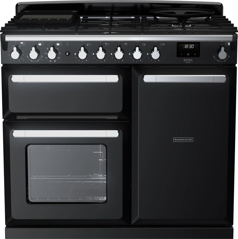 Image of Rangemaster Estel Deluxe ESDL100DFPGBL/CM1 100cm Dual Fuel Range Cooker - Black / Chrome - A/A Rated