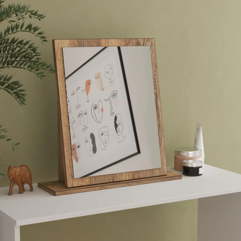 Image of Linear Brown Oak Effect Rectangular Freestanding Framed Mirror, (H)50.5Cm (W)48Cm