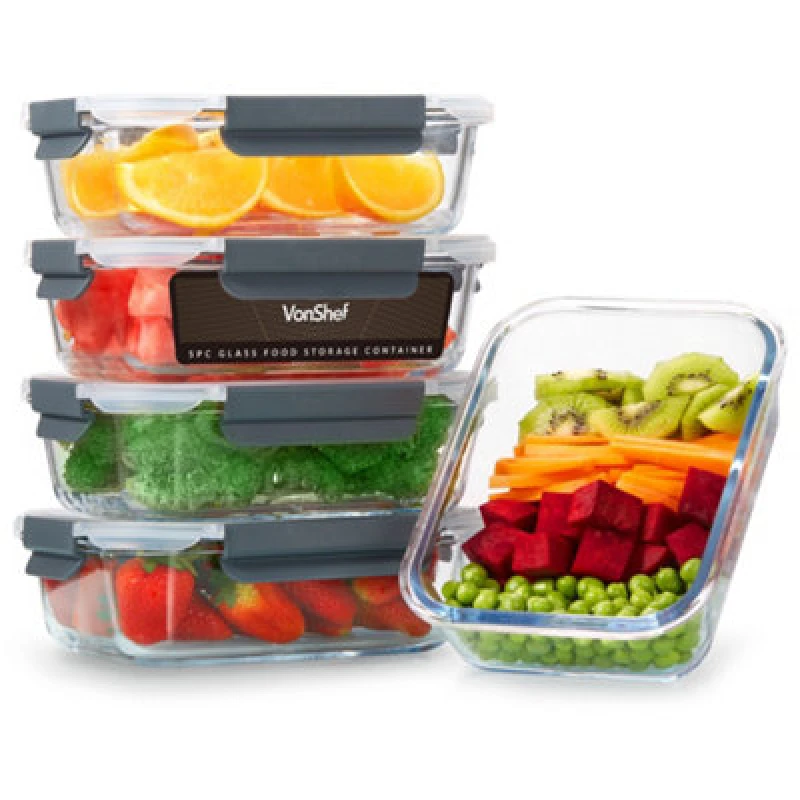 Image of VonShef 5 Piece Meal Prep Food Lunch Boxes 1L Airtight Glass Containers with Lids Clear