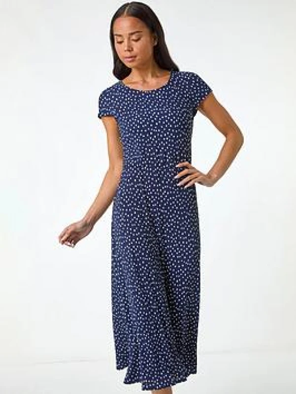 Image of Roman Womens Petite Spot Print Crinkle Midi Dress in Navy Size: 10 Navy Female 10