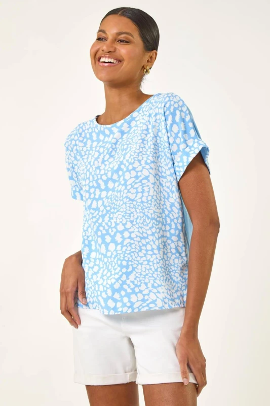 Image of Roman Womens Spot Print Jersey Back Top in Blue Size: 12 Blue Female 12