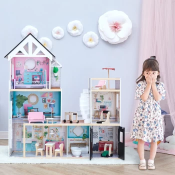 Image of Olivia's Little World - by Teamson Kids Large Dreamland Mansion Wooden Dolls House 3-Floors & 18 Accessories, Interactive Dollhouse with Lift &