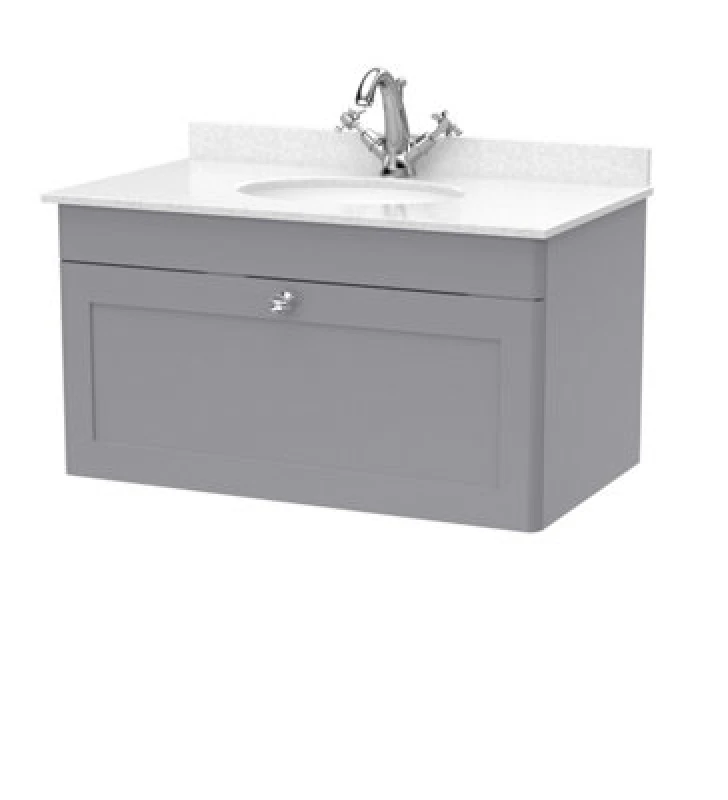 Image of nuie 800mm Wall Hung 1 Drawer Vanity & Marble Top 1TH - Satin Grey CLC296WR1