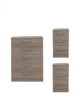 Image of Swift Halton Ready Assembled 3 Piece Package - 5 Drawer Chest And 2 Bedside Chests