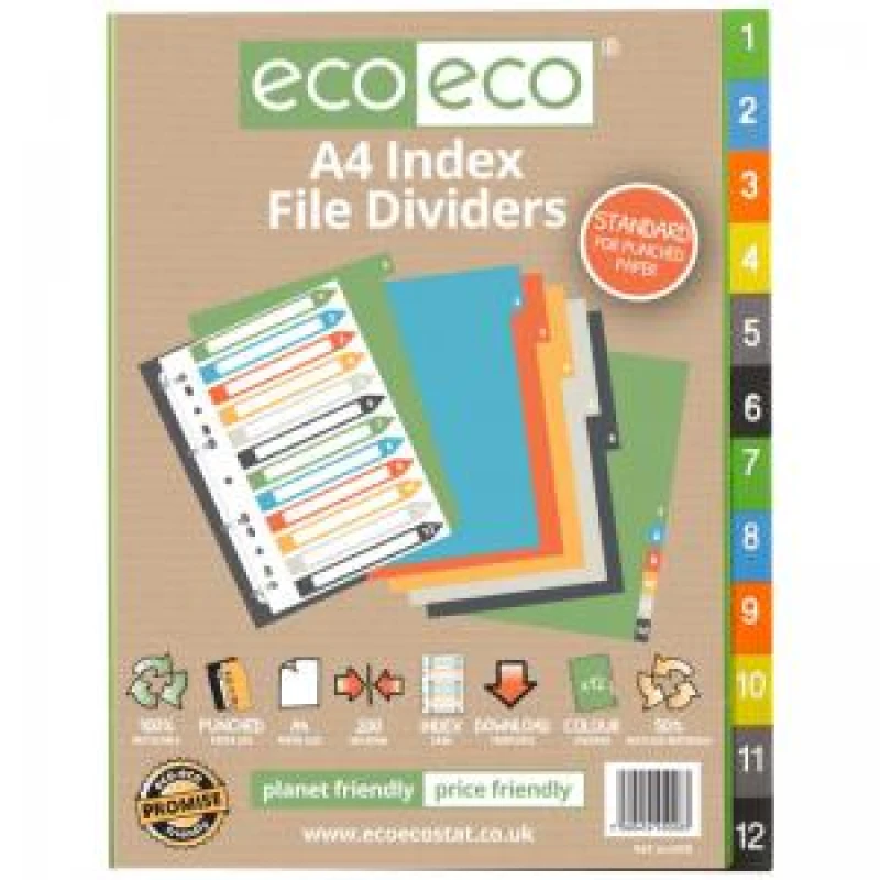 Image of Eco Eco Mutlicolour 50% Recycled Index Dividers A4 1-12 eco028-S
