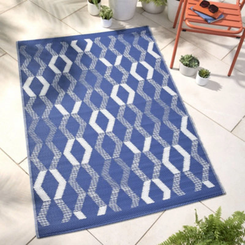 Image of Fusion Rico Outdoor Vertical Zig Zags Uv Resistant Blue Outdoor Rug
