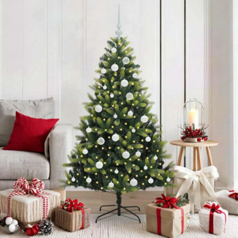 Image of vidaXL Artificial Hinged Christmas Tree 150 LEDs, White Balls Green 150 cm, Green 3395985