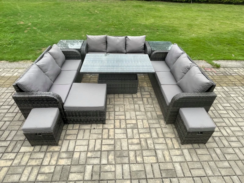 Image of Fimous 12 Seater Garden Dining Sets Outdoor Rattan Furniture Lounge Sofa Height Adjustable Rising lifting Table Dark Grey