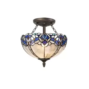 Image of 2 Light Semi Flush Ceiling E27 With 30cm Tiffany Shade, Blue, Clear Crystal, Aged Antique Brass