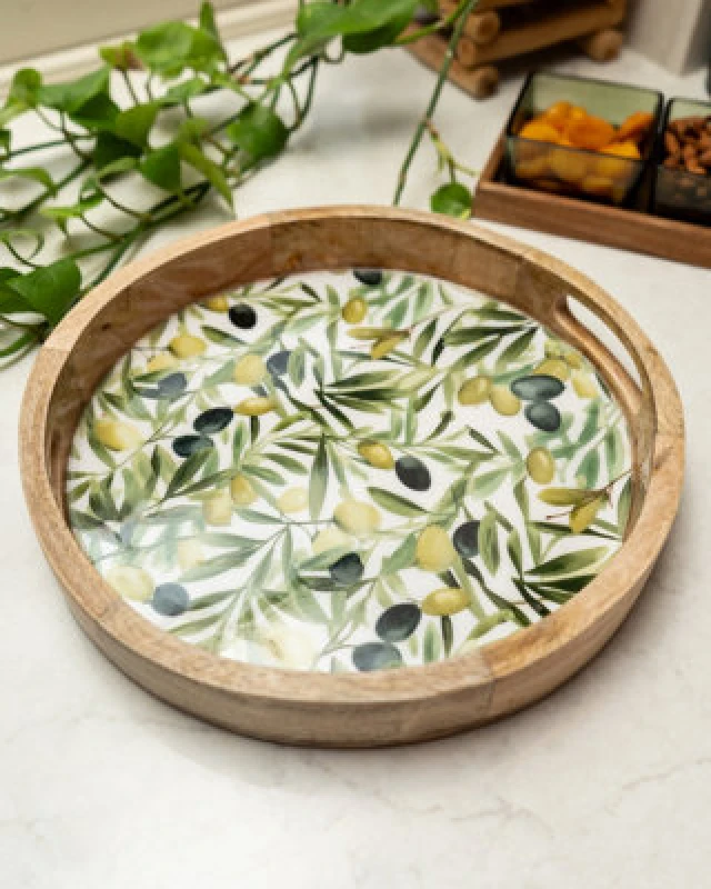 Image of Candlelight Round Tray Mango Wood - Olives