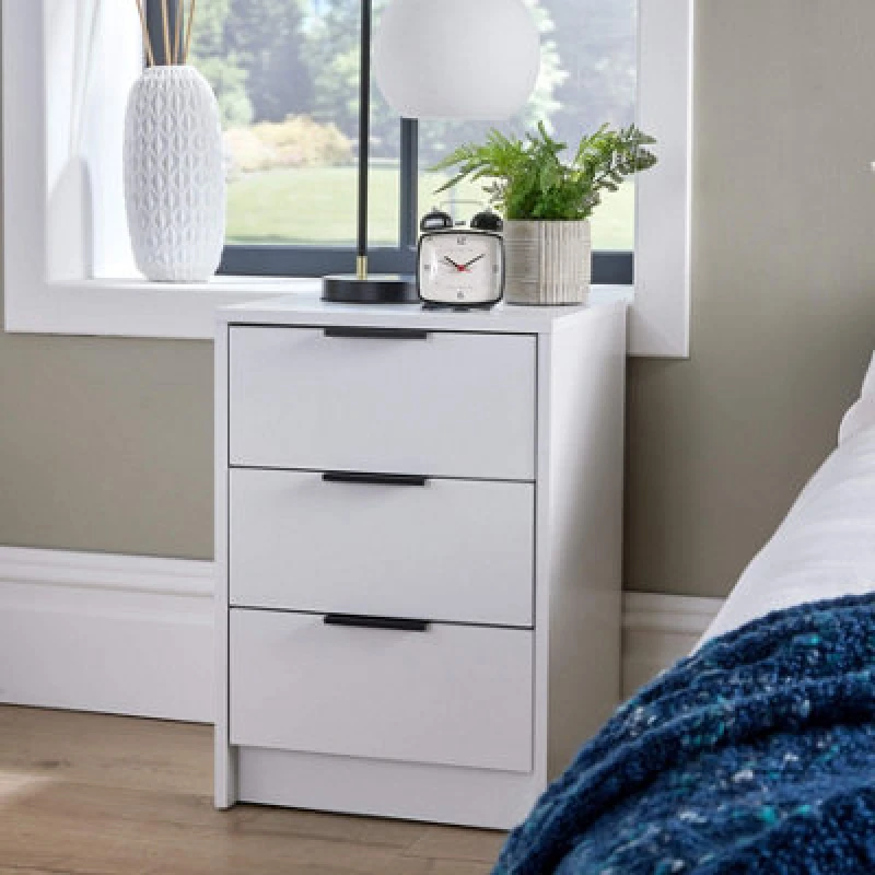 Image of Home Source Phoenix 3 Drawer Bedside Table Storage Unit White