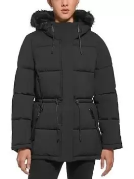 Image of DKNY Mid Length Padded Jacket With Faux Fur Collar, Black, Size S, Women