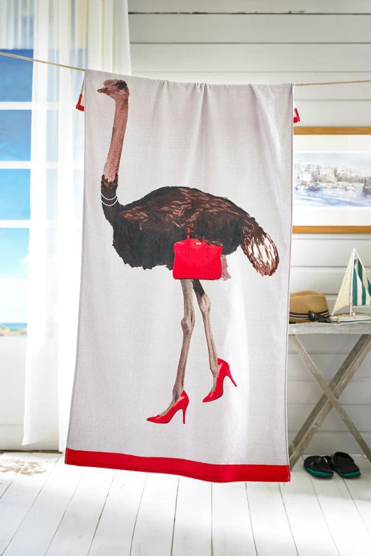 Image of Deyongs Quick Drying Cotton Beach Towel Ostrich Printed Velour 75x150cm Multi unisex