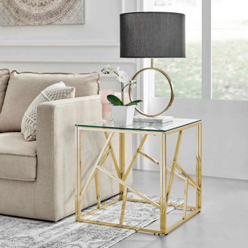 Image of FurnitureboxUK FurnitureboxUK Amalfi Chrome Metal Side Table - Square Clear Glass & Metal Table - Abstract Pattern - Sleek, Chic, Bright & Airy in Gol