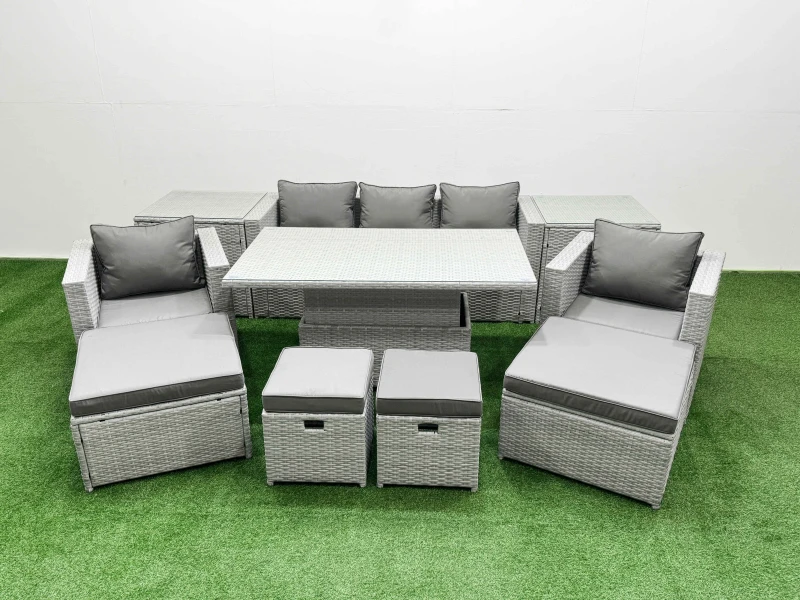 Image of Fimous 10 PCs Rising Dining Table Set Rattan Furniture Set with 3 Seater Sofa in Light Grey Light Grey Unisex