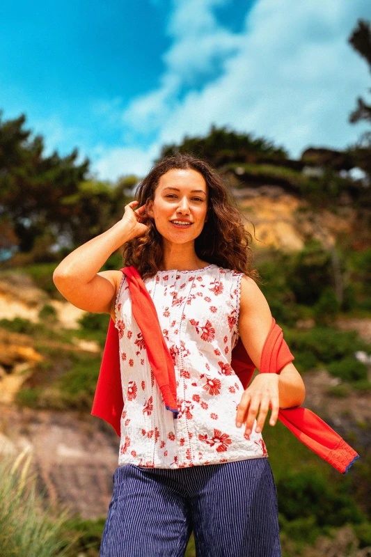 Image of Brakeburn Fan Floral Sleeveless Blouse Cream female 12