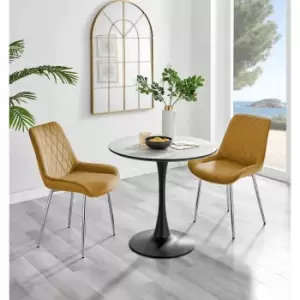 Image of Furniture Box Elina White Marble Effect Round Dining Table and 2 Mustard Pesaro Silver Chairs