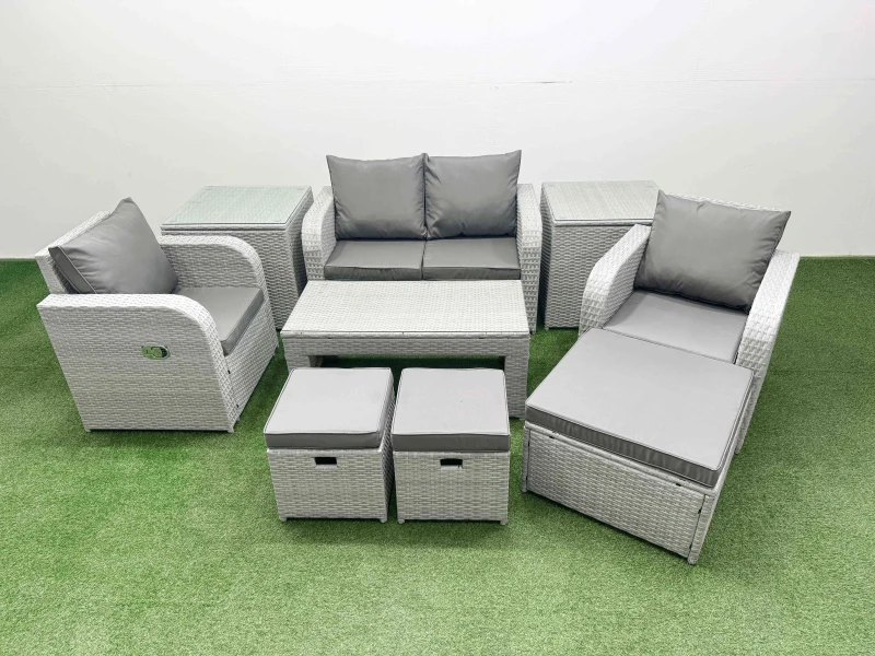 Image of Fimous Light Grey PE Wicker Rattan Garden Furniture Set Sofa Set Reclining Adjustable Chair Oblong Coffee Table 7 Seater 3 Stools 2 Side Table Light