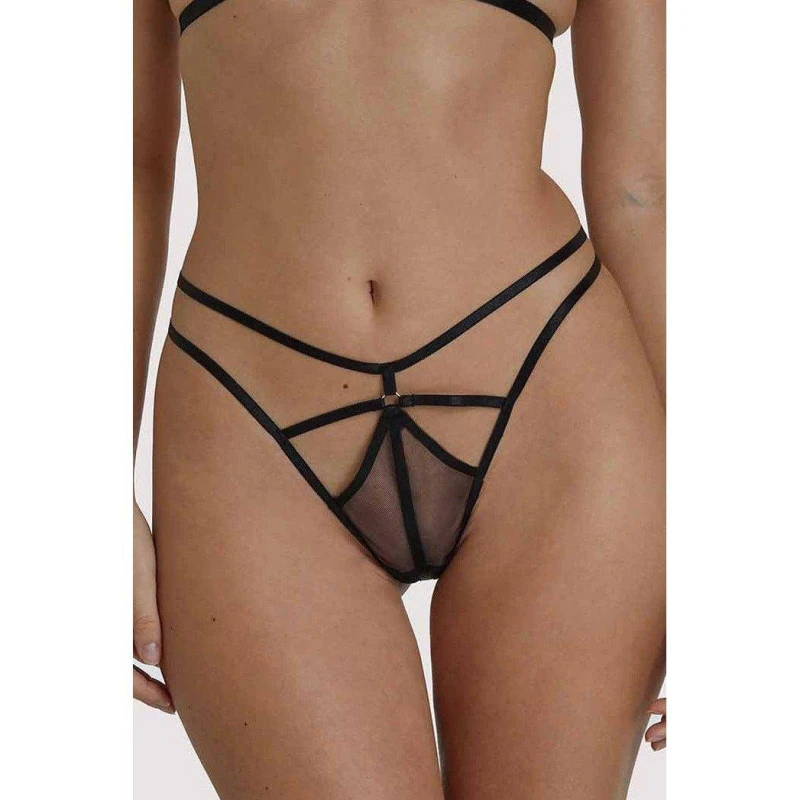 Image of Wolf and Whistle Penny Black Multi Strap Cut Out Mesh Thong Black female 14
