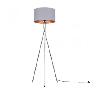 Image of Camden Chrome Tripod Floor Lamp with XL Grey and Copper Reni Shade