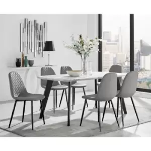 Image of Furniturebox Andria Black Leg Marble Effect Dining Table and 6 Grey Corona Faux Leather Dining Chairs With Black Legs