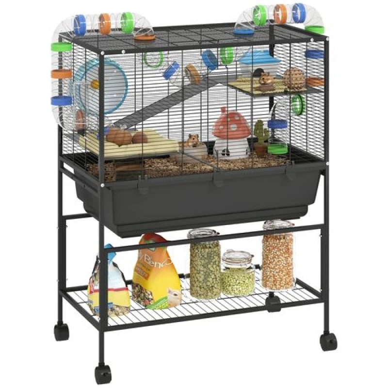 Image of PawHut PawHut Hamster Cage, 3 Tier Gerbil Cage on Wheels with Storage Shelf - 82 L x 45 W x 106.5Hcm