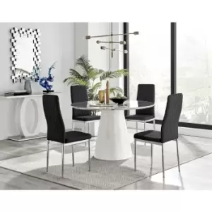 Image of Furniturebox Palma White Marble Effect 120cm Round Minimalist Dining Table & 4 Black Milan Chrome Leg Faux Leather Chairs