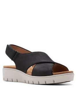 Image of Clarks Un Karely Sun Leather Wide Fit Low Wedge Sandal - Black