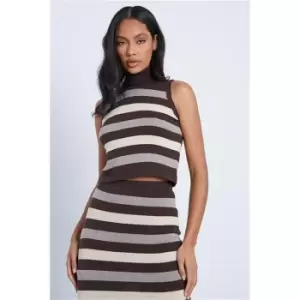 Image of I Saw It First Chocolate High Neck Striped Sleeveless Knitted Top - Brown