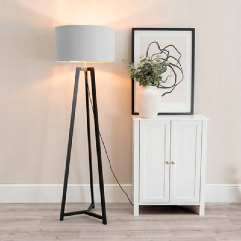 Image of ValueLights Lottie Black Wood Tripod Floor Lamp with Grey and Gold Drum Shade Grey