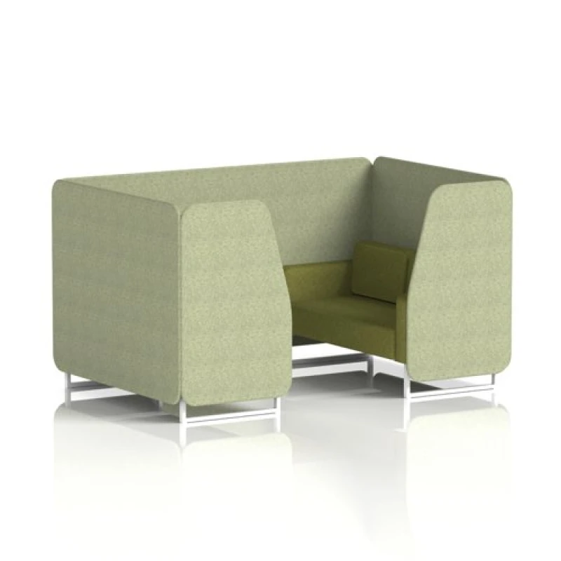 Image of Brixworth 4 Seater Office Booth with Front Panel - White Legs in Rivet Fabric - Burnish Panels and Olive Sofa