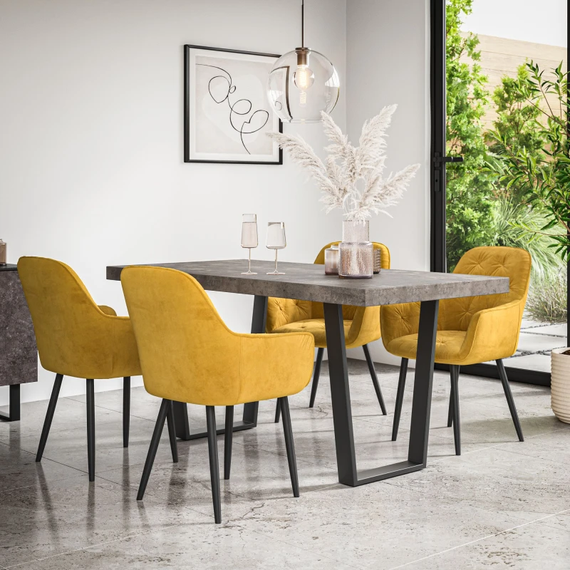 Image of More4Homes Aria Dining Table And Chairs - Concrete Effect Table Top W Black Legs + Anika Velvet Dining Chair Set Of 6 (Mustard)