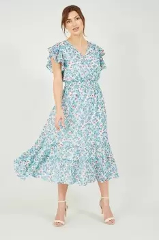 Image of Green Frill Sleeve Wrap Midi Dress