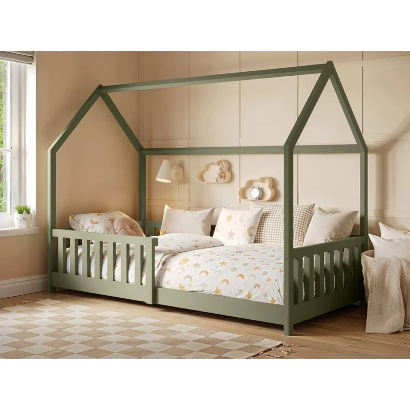 Image of Flair Explorer Wooden Playhouse Bed with Rails in Green Size: Single Green Unisex Single