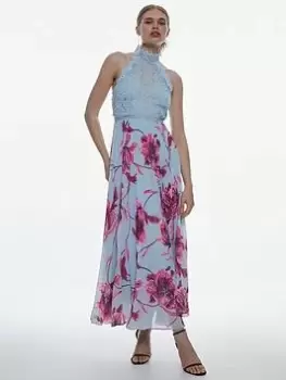 Image of Karen Millen Lace Floral Pleated Midi Dress - Blue Size 10, Women
