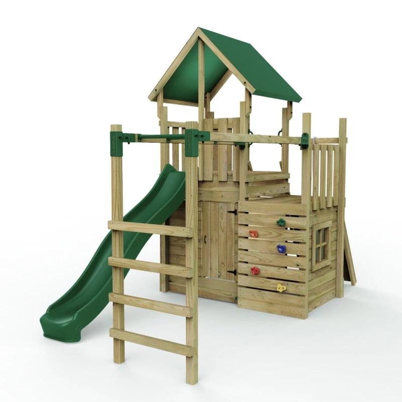 Image of Rebo Wooden Climbing Frame Play Tower and Slide - M10 Ramp Brown