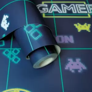 Image of Holden Decor Gamer Navy/Neon Yellow Wallpaper