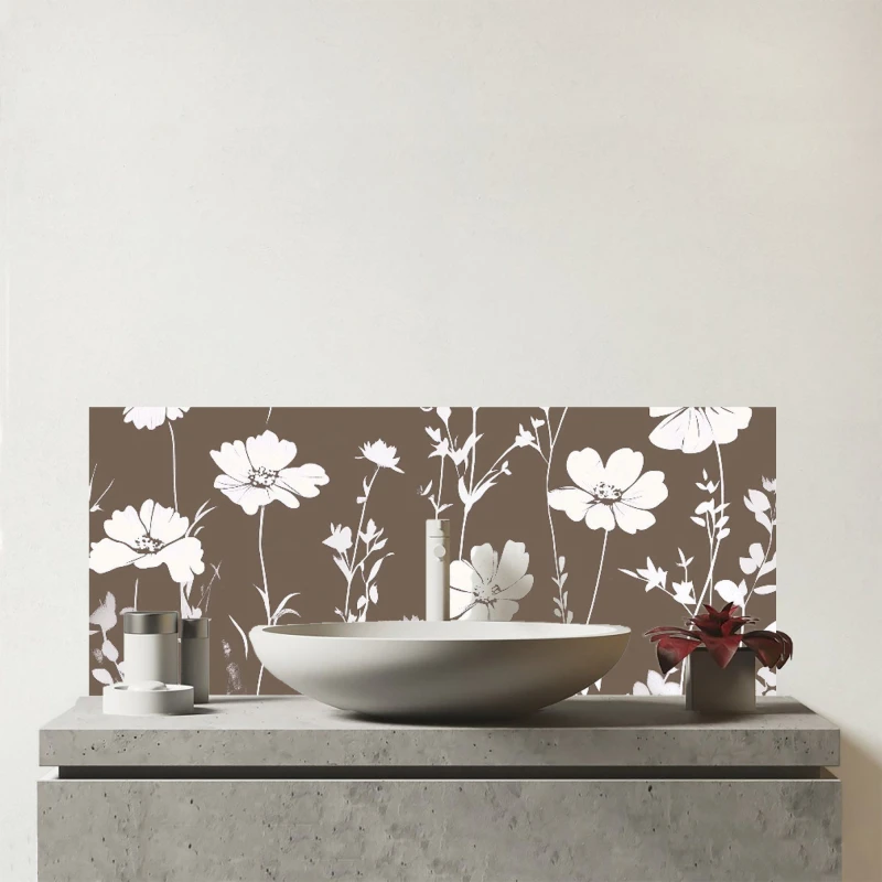 Image of Warren Reed - Designer Taupe & White Floral Silhouette Glass Bathroom Splashback Multicolor Unisex