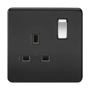 Image of KnightsBridge 1G DP 13A Screwless Matt Black 230V UK 3 Pin Switched Electrical Wall Socket - Black Insert