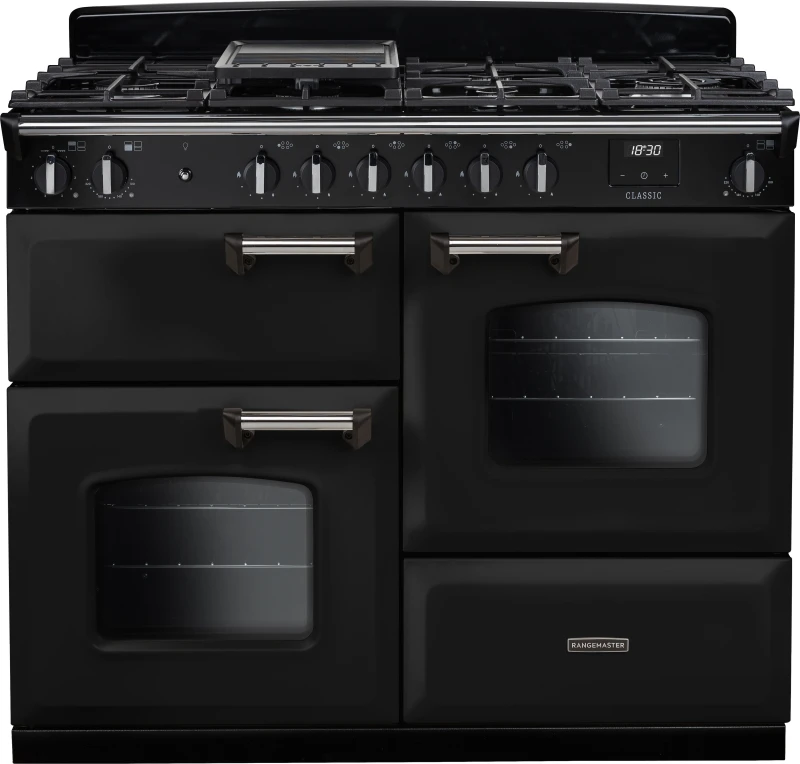 Image of Rangemaster Classic OC CLO110DFPGBL/CM1 110cm wide Dual Fuel Range Cooker with Gas Hob - Black / Chrome - A Rated